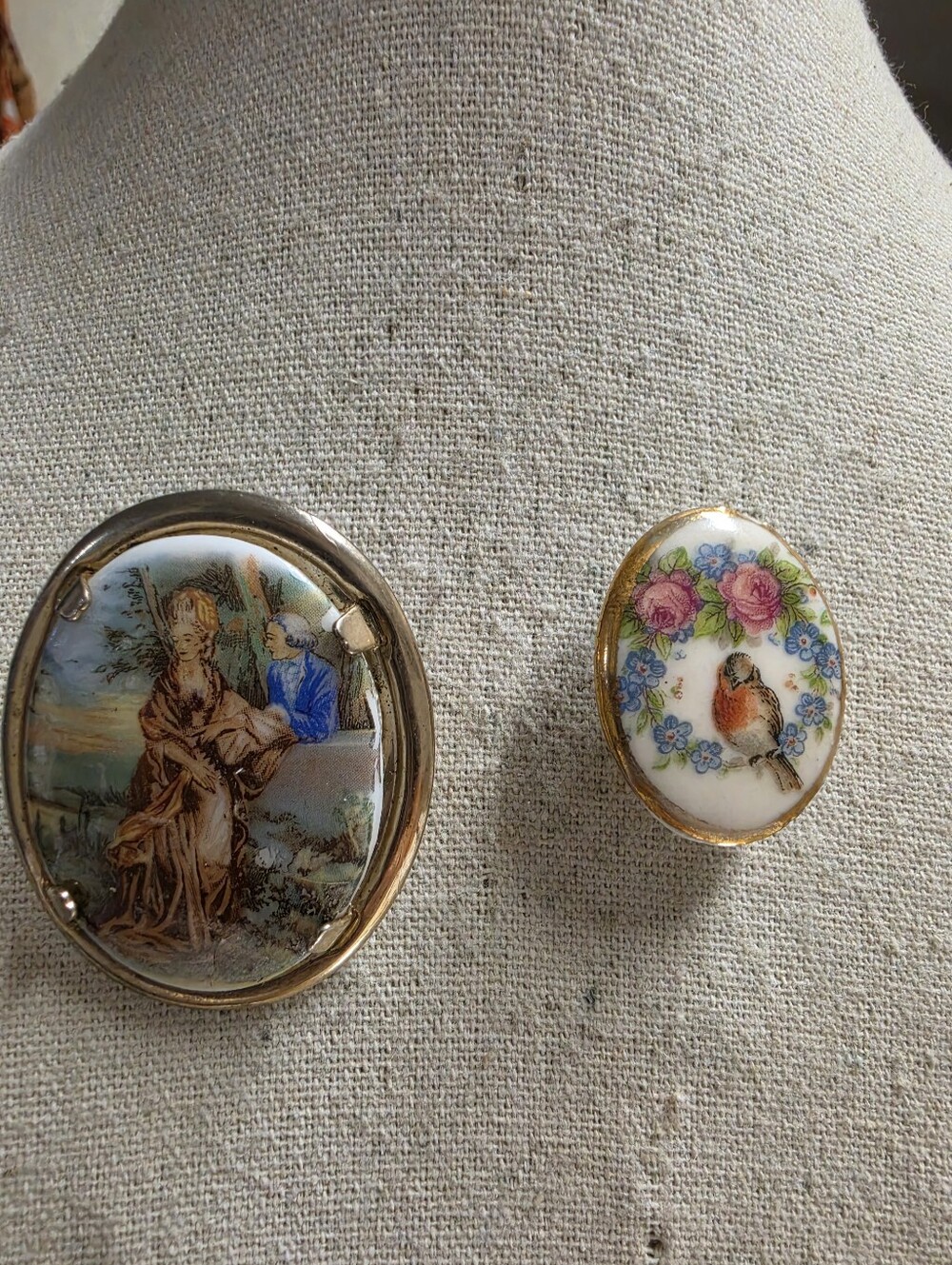 Vintage Porcelain Fragonard Style Courting Couple & Songbird Floral Brooch Set